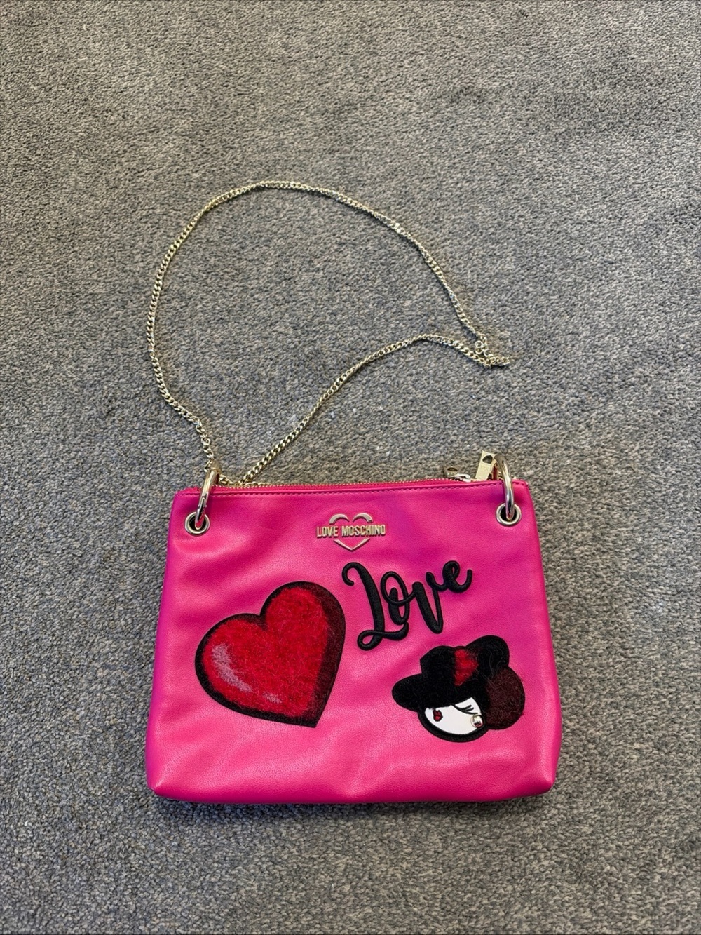 Love Moschino Hot Pink Heart Motif Crossbody Bag with Gold Chain